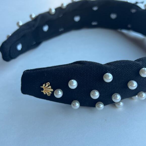 RARE Lele Sadoughi Timeless Chic Black Knotted Pearl Headband Gold Logo - Picture 4 of 9